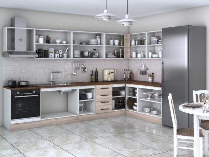 Bucatarie de colt Alfa, corp hota, corp cuptor, cu vitrina, sonoma, blat termic nuc - imagine 2