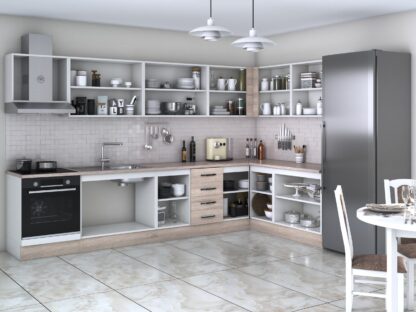 Bucatarie de colt Alfa, corp hota, corp cuptor, cu vitrina, sonoma, blat termic travertin - imagine 2