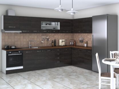 Bucatarie de colt Alfa, cu vitrina, corp cuptor, corp hota, wenge, blat termic nuc