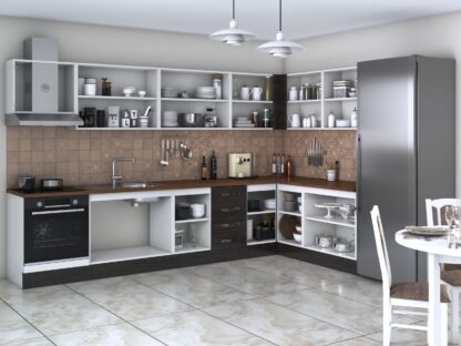 Bucatarie de colt Alfa, cu vitrina, corp cuptor, corp hota, wenge, blat termic nuc - imagine 2