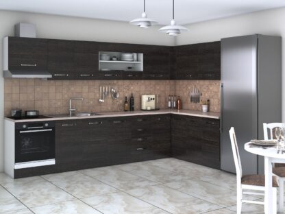 Bucatarie de colt Alfa, cu vitrina, corp cuptor, corp hota, wenge, blat termic travertin