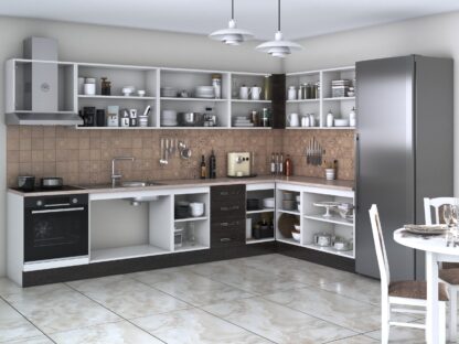 Bucatarie de colt Alfa, cu vitrina, corp cuptor, corp hota, wenge, blat termic travertin - imagine 2