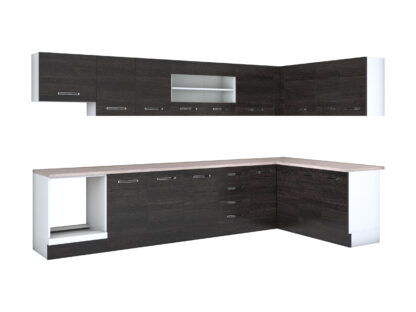 Bucatarie de colt Alfa, cu vitrina, corp cuptor, corp hota, wenge, blat termic travertin - imagine 3