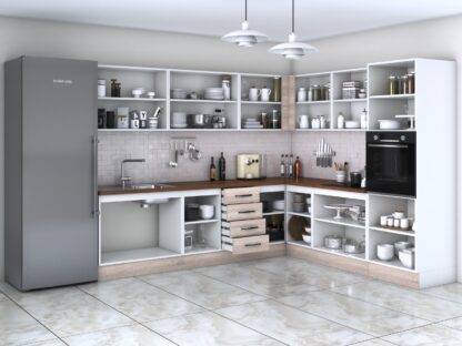 Bucatarie de colt Alfa, corp inalt cuptor, cu vitrina, sonoma, blat termic nuc - imagine 2