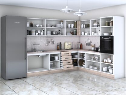 Bucatarie de colt Alfa, corp inalt cuptor, cu vitrina, sonoma, blat termic travertin - imagine 2