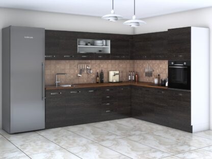 Bucatarie de colt Alfa, corp inalt cuptor, cu vitrina, wenge, blat termic nuc