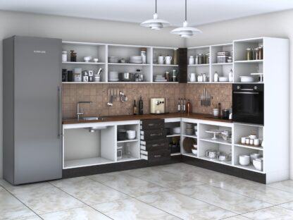 Bucatarie de colt Alfa, corp inalt cuptor, cu vitrina, wenge, blat termic nuc - imagine 2