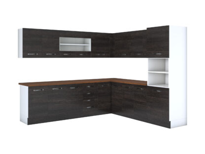 Bucatarie de colt Alfa, corp inalt cuptor, cu vitrina, wenge, blat termic nuc - imagine 3