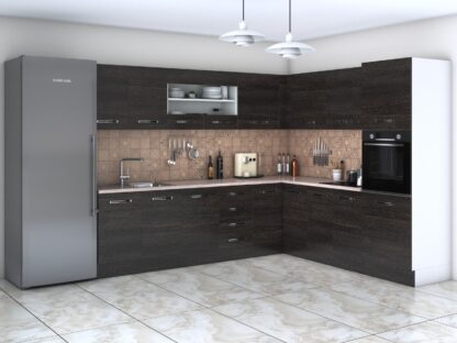 Bucatarie de colt Alfa, corp inalt cuptor, cu vitrina, wenge, blat termic travertin