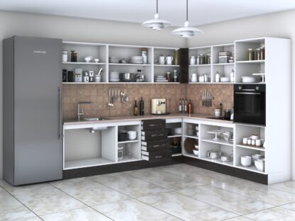 Bucatarie de colt Alfa, corp inalt cuptor, cu vitrina, wenge, blat termic travertin - imagine 2