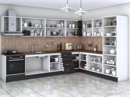 Bucatarie de colt Alfa, soldat, corp cuptor, corp hota, cu vitrina, wenge, blat termic nuc - imagine 2