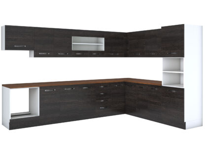Bucatarie de colt Alfa, soldat, corp cuptor, corp hota, cu vitrina, wenge, blat termic nuc - imagine 3