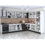 Bucatarie de colt Alfa, soldat, corp cuptor, corp hota, cu vitrina, wenge, blat termic travertin - imagine 2