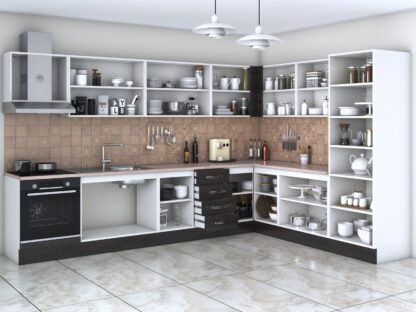 Bucatarie de colt Alfa, soldat, corp cuptor, corp hota, cu vitrina, wenge, blat termic travertin - imagine 2
