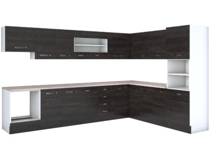Bucatarie de colt Alfa, soldat, corp cuptor, corp hota, cu vitrina, wenge, blat termic travertin - imagine 3