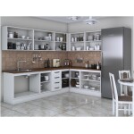 Bucatarie de colt Alfa, cu vitrina, alb, blat termic nuc - imagine 2