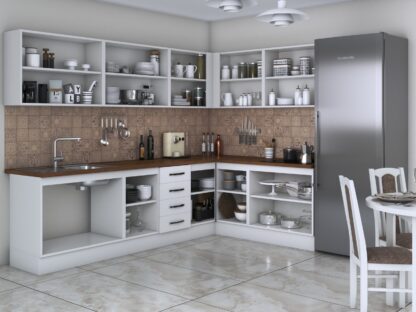 Bucatarie de colt Alfa, cu vitrina, alb, blat termic nuc - imagine 2