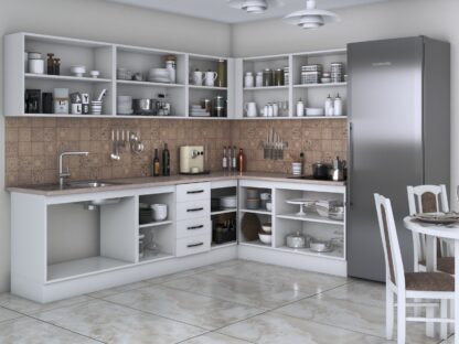 Bucatarie de colt Alfa,cu vitrina, alb, blat termic travertin - imagine 2