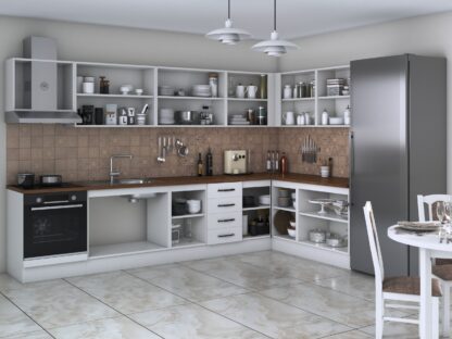 Bucatarie de colt Alfa, corp hota, corp cuptor, cu vitrina, alb, blat termic nuc - imagine 2