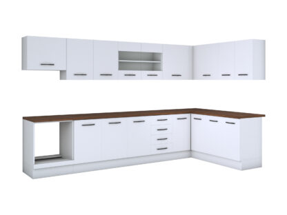 Bucatarie de colt Alfa, corp hota, corp cuptor, cu vitrina, alb, blat termic nuc - imagine 3