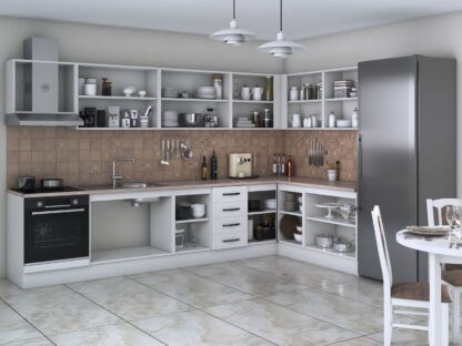 Bucatarie de colt Alfa, corp hota, corp cuptor, cu vitrina, alb, blat termic travertin - imagine 2