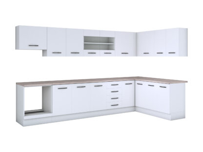 Bucatarie de colt Alfa, corp hota, corp cuptor, cu vitrina, alb, blat termic travertin - imagine 3
