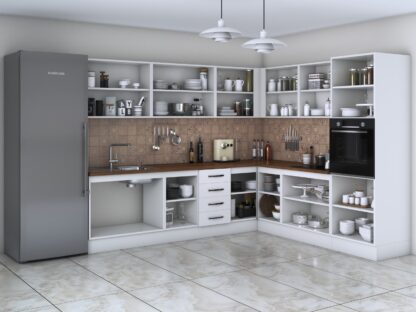 Bucatarie de colt Alfa, corp inalt cuptor, cu vitrina, alb, blat termic nuc - imagine 2
