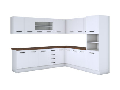 Bucatarie de colt Alfa, corp inalt cuptor, cu vitrina, alb, blat termic nuc - imagine 3