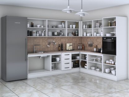 Bucatarie de colt Alfa, corp inalt cuptor, cu vitrina, alb, blat termic travertin - imagine 2