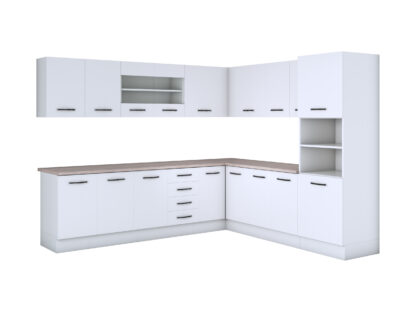 Bucatarie de colt Alfa, corp inalt cuptor, cu vitrina, alb, blat termic travertin - imagine 3