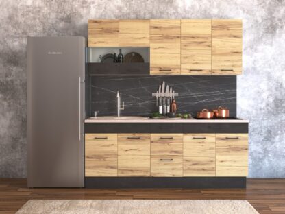Bucatarie Greta 200 cm, stejar/antracit, blat termic travertin