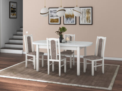 Set masa extensibila 160 x 200 cm cu 4 scaune tapitate, MB-12 Venus1 si S-38 Boss14 25B, Bialy, Lemn masiv de fag, Stofa