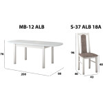 Set masa extensibila 160 x 200 cm cu 4 scaune tapitate, MB-12 Venus1 si S-38 Boss14 25B, Bialy, Lemn masiv de fag, Stofa - imagine 6