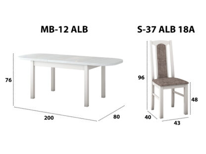 Set masa extensibila 160 x 200 cm cu 4 scaune tapitate, MB-12 Venus1 si S-38 Boss14 25B, Bialy, Lemn masiv de fag, Stofa - imagine 6