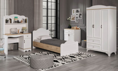 Set dormitor Alessa, Alb Sonoma, pat, dulap, comoda, birou