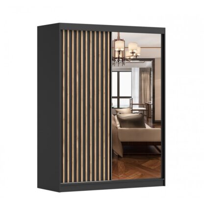 Dressing Gabriel Negru cu lamele artisan, cu oglinda, 150x200x61 cm
