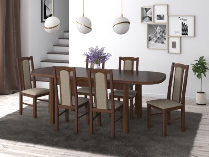 Set masa extensibila 160 x 200 cm cu 6 scaune tapitate, MB-12 Venus 1 si S-37, nuc, lemn masiv de fag, stofa