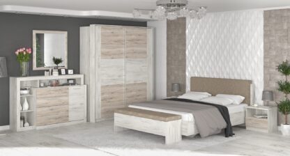 Dormitor Kim stejar sonoma, pat 160x200, dulap 2 usi culisante, bancuta cu spatiu de depozitare, masa de toaleta, comoda, 2 noptiere