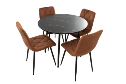 Set Masa MB-86, Negru, 90x75 cm, cu 4 Scaune S-207 Maro, 88x43x48 cm