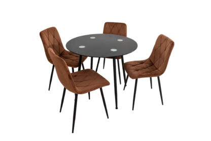 Set Masa MB-87, Negru, 90x75 cm, cu 4 Scaune S-207 Maro, 88x43x48 cm