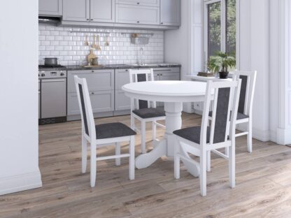 Set masa extensibila Ama 100x140 cm, lemn masiv, culoare alb, blat din mdf cu 4 scaune tapitate S-37 Boss14 B24Z, stofa