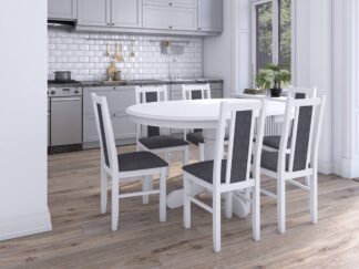 Set masa extensibila Ama 100x140 cm, lemn masiv, culoare alb, blat din mdf cu 6 scaune tapitate S-38 Boss14 B24Z, stofa
