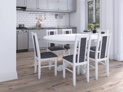 Set masa extensibila Ama 100x140 cm, lemn masiv, culoare alb, blat din mdf cu 6 scaune tapitate S-38 Boss14 B24Z, stofa