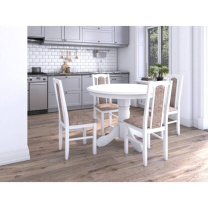 Set masa extensibila Ama 100x130 cm, lemn masiv, culoare alb, blat din mdf cu 4 scaune tapitate S-37 Boss7 18A, stofa
