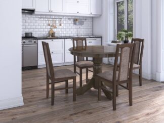 Set masa extensibila Ama 100x140 cm, lemn masiv, culoare nuc, blat din mdf cu 4 scaune tapitate S-37 Boss7 O2, stofa