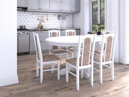 Set masa extensibila Ama 100x130 cm, lemn masiv, culoare alb, blat din mdf cu 6 scaune tapitate S-37 Boss7 18A, stofa