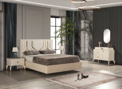 Dormitor Mineli, alb, pat 160 x 200 cm, dulap cu 2 usi, 2 noptiere, comoda