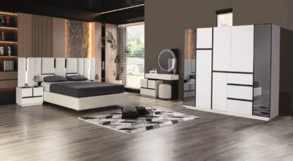 Dormitor Parma, alb, pat 160 x 200 cm, dulap cu 6 usi, 2 noptiere, comoda