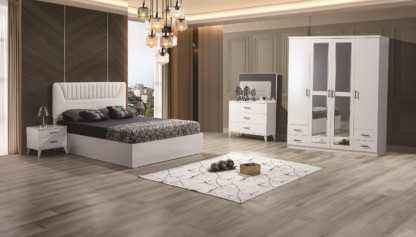 Dormitor Irene, alb, pat 160 x 200 cm, dulap cu 4 usi, 2 noptiere, comoda