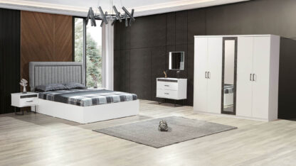 Dormitor Felix, alb, pat 160 x 200 cm, dulap cu 5 usi, 2 noptiere, comoda